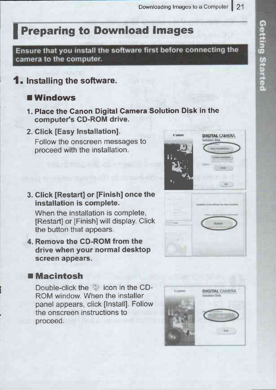 Installing the software, I preparing to download images | Canon A720IS User Manual | Page 23 / 37