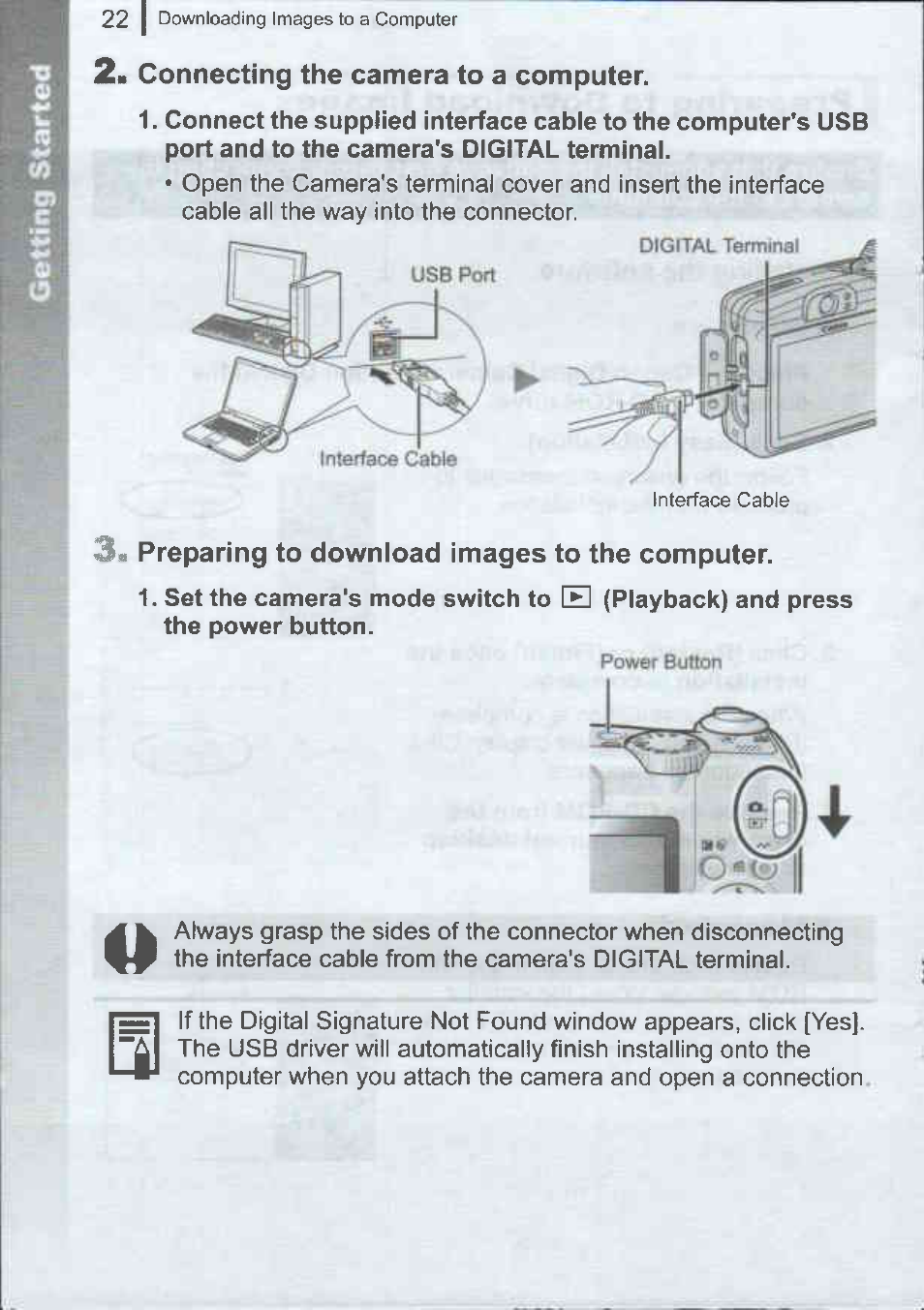 Connecting the camera to a computer, Preparing to downioad images to the computer | Canon A720IS User Manual | Page 24 / 37