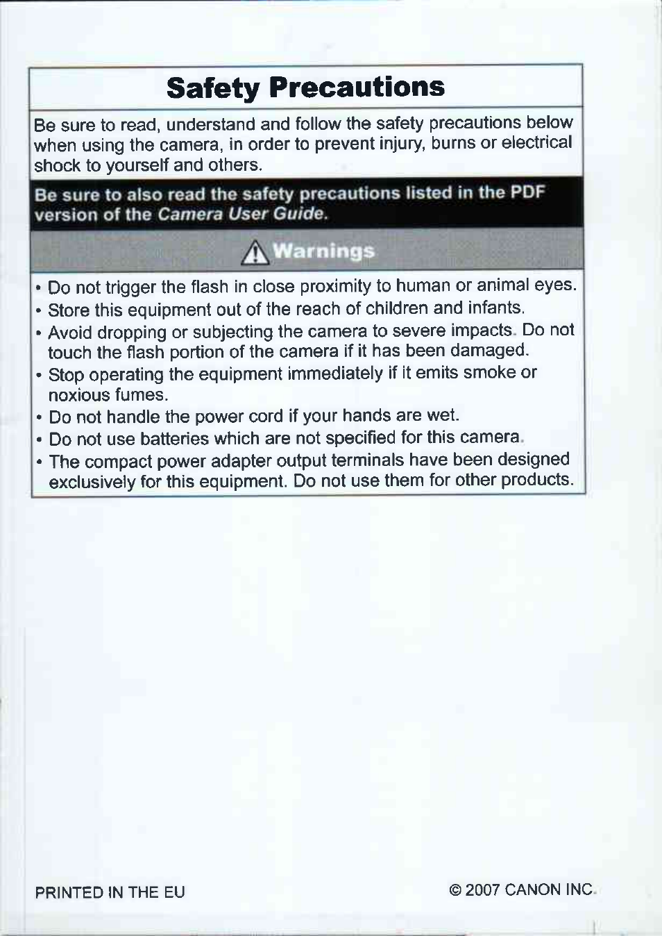 Safety precautions, Arnings | Canon A720IS User Manual | Page 35 / 37