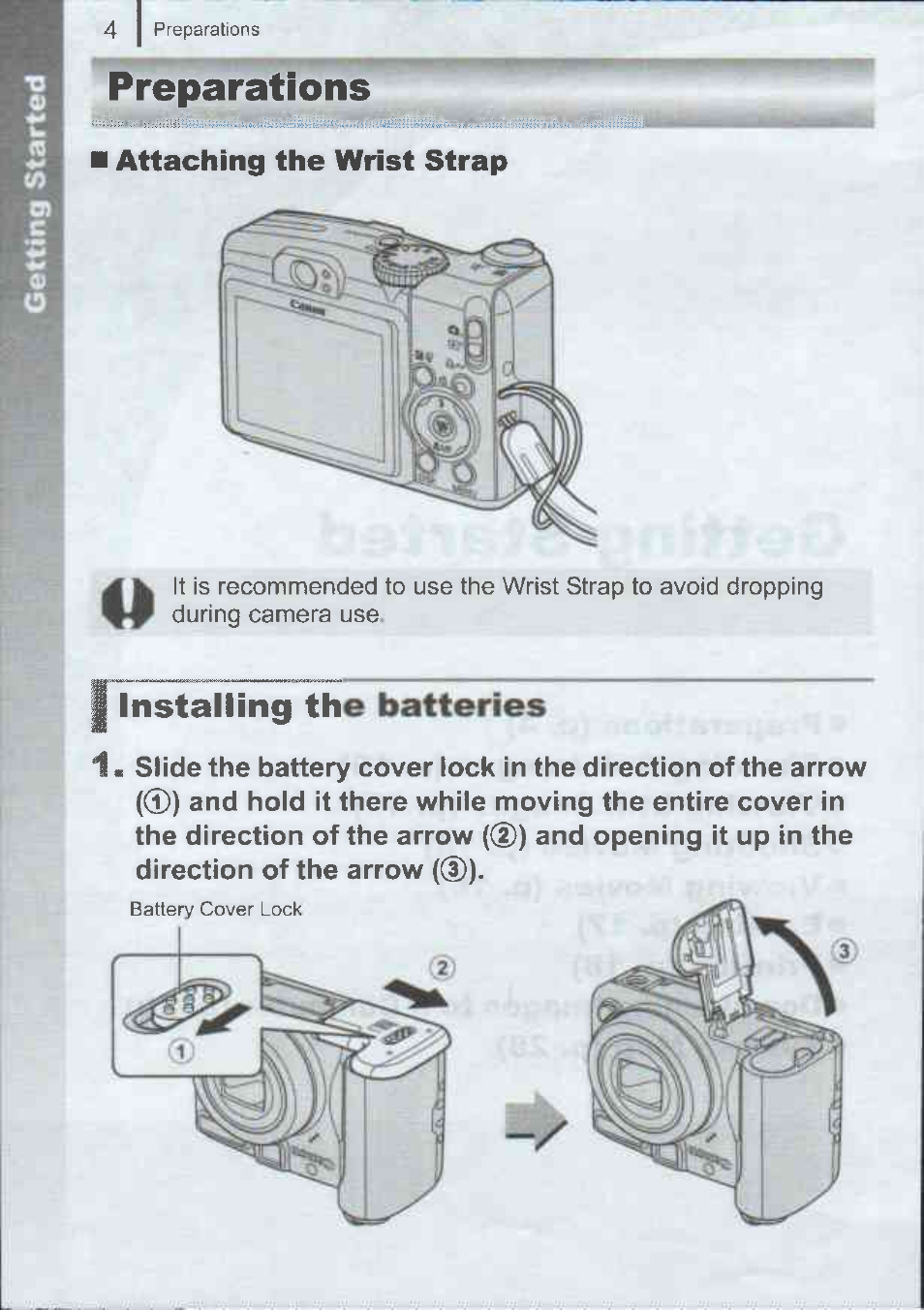 Preparations, Tnstalling the batteries | Canon A720IS User Manual | Page 6 / 37