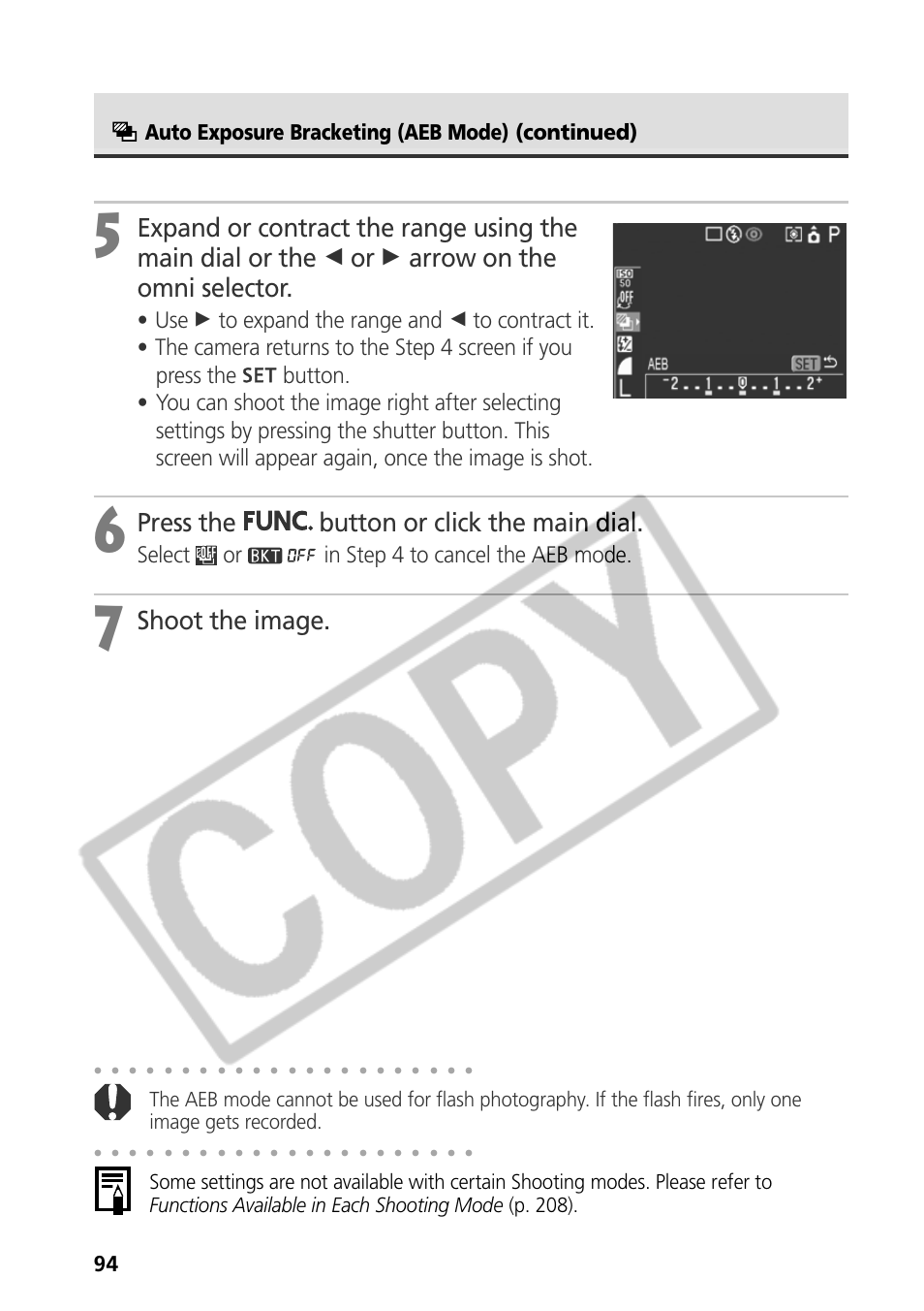 Press the button or click the main dial, Shoot the image, Select or in step 4 to cancel the aeb mode | Auto exposure bracketing (aeb mode) (continued) | Canon CDI-E075-010 User Manual | Page 100 / 214