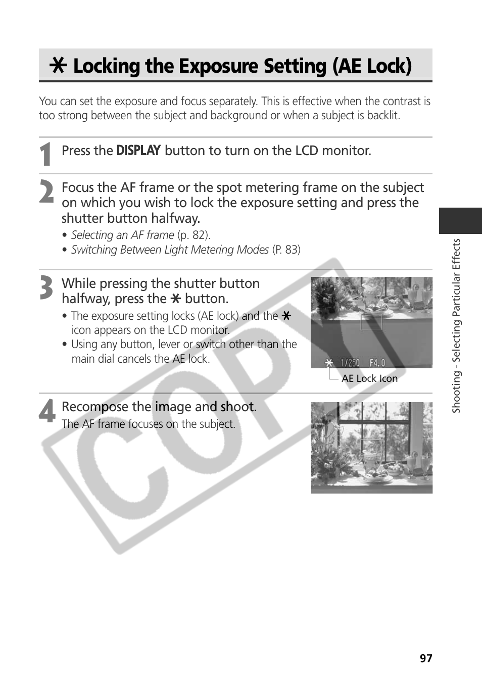 Locking the exposure setting (ae lock) | Canon CDI-E075-010 User Manual | Page 103 / 214