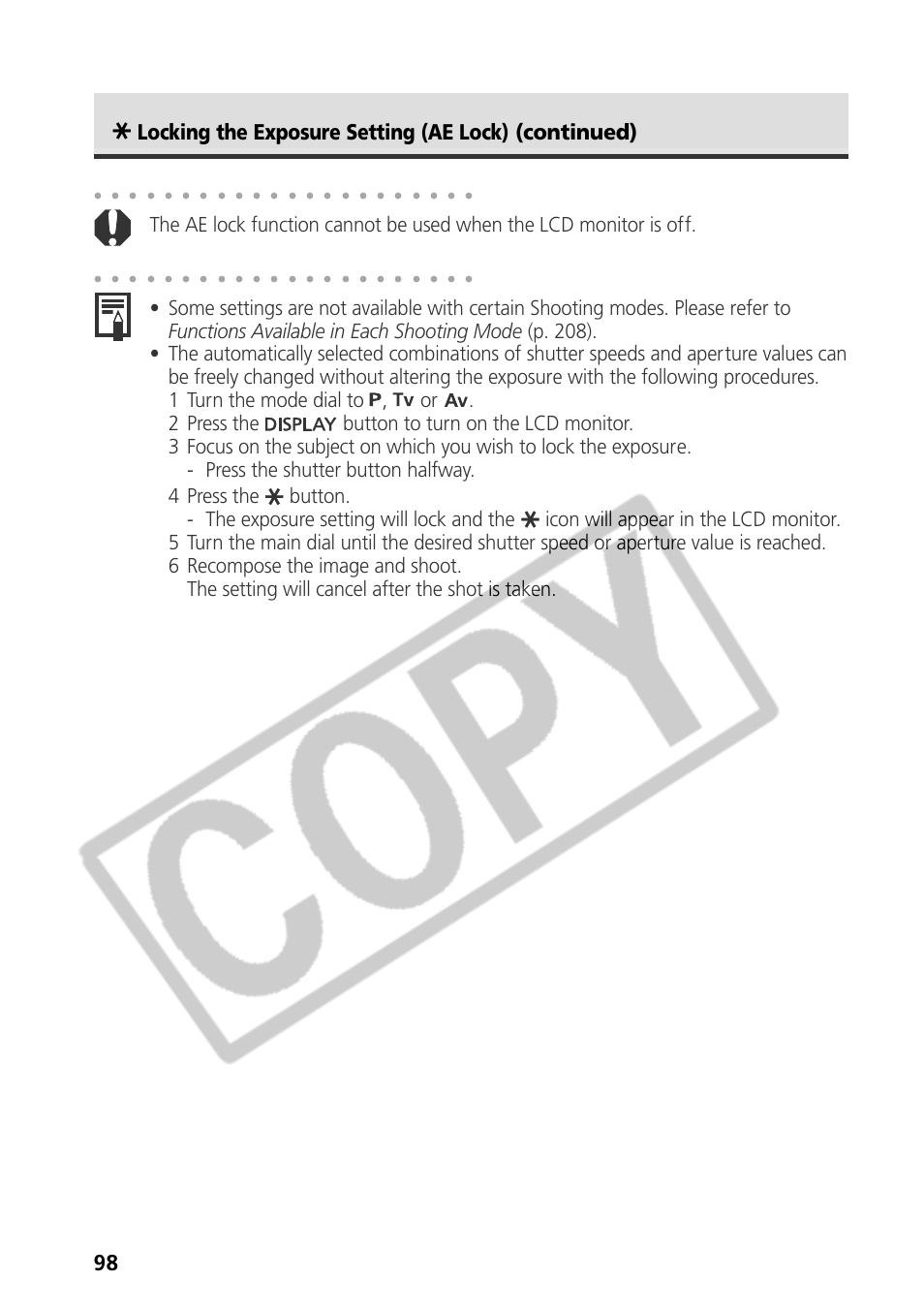 Locking the exposure setting (ae lock) (continued) | Canon CDI-E075-010 User Manual | Page 104 / 214