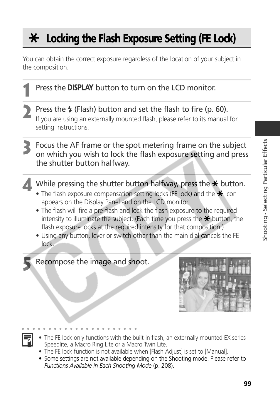 Locking the flash exposure setting (fe lock), Press the button to turn on the lcd monitor, Recompose the image and shoot | Canon CDI-E075-010 User Manual | Page 105 / 214