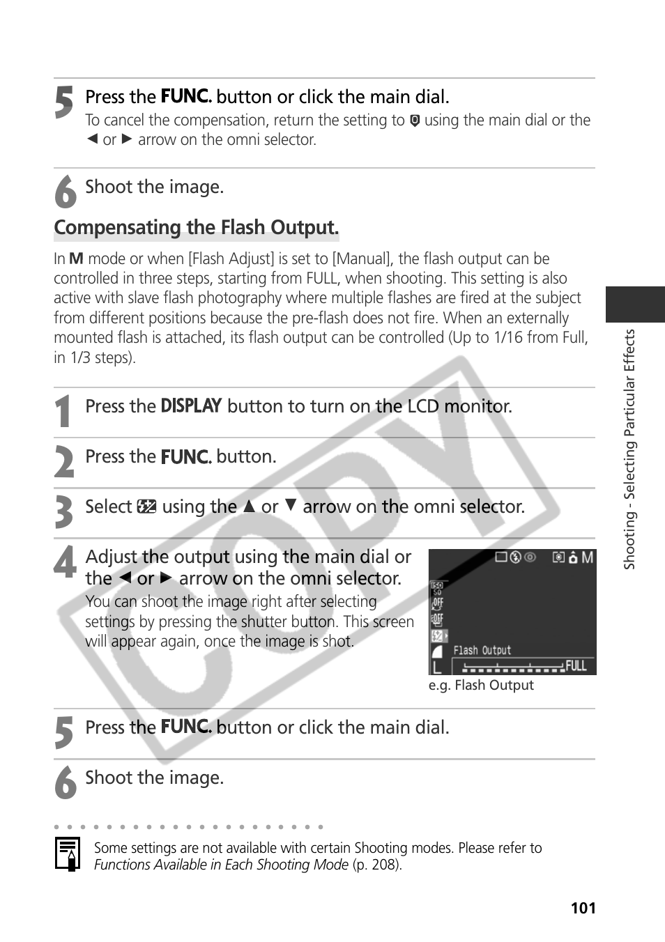 Compensating the flash output, Press the button or click the main dial, Shoot the image | Press the button to turn on the lcd monitor, Press the button, Select using the c or d arrow on the omni selector | Canon CDI-E075-010 User Manual | Page 107 / 214