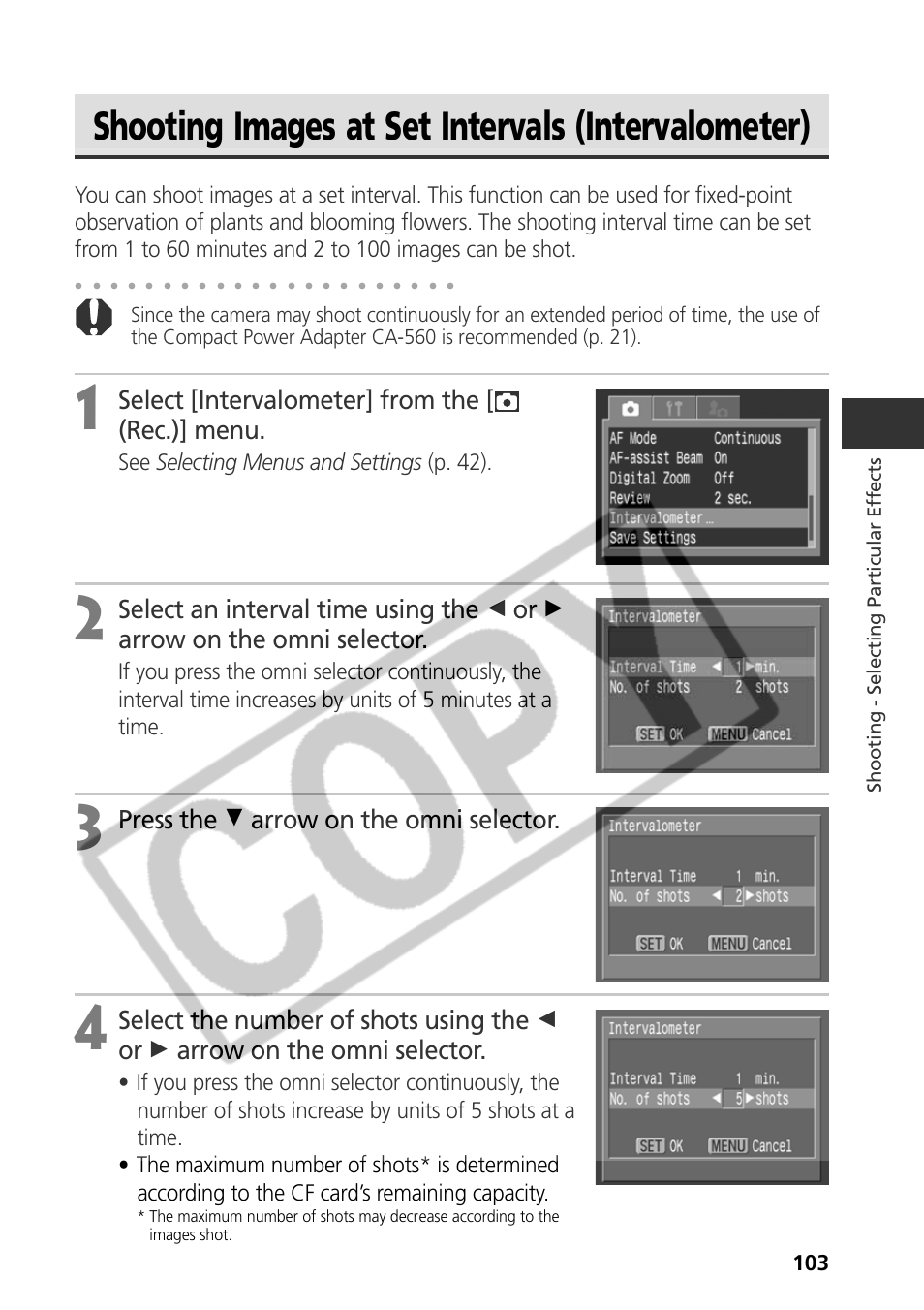 Shooting images at set intervals (intervalometer), Select [intervalometer] from the [ (rec.)] menu, Press the d arrow on the omni selector | See selecting menus and settings (p. 42) | Canon CDI-E075-010 User Manual | Page 109 / 214