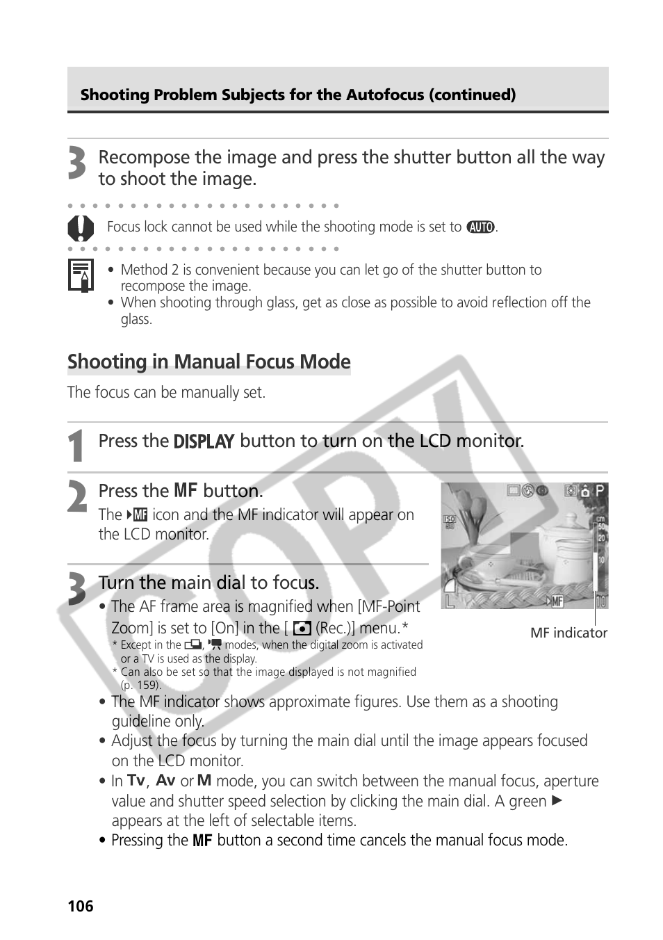 Shooting in manual focus mode, Press the button to turn on the lcd monitor, Press the button | Turn the main dial to focus, The focus can be manually set, Mf indicator | Canon CDI-E075-010 User Manual | Page 112 / 214