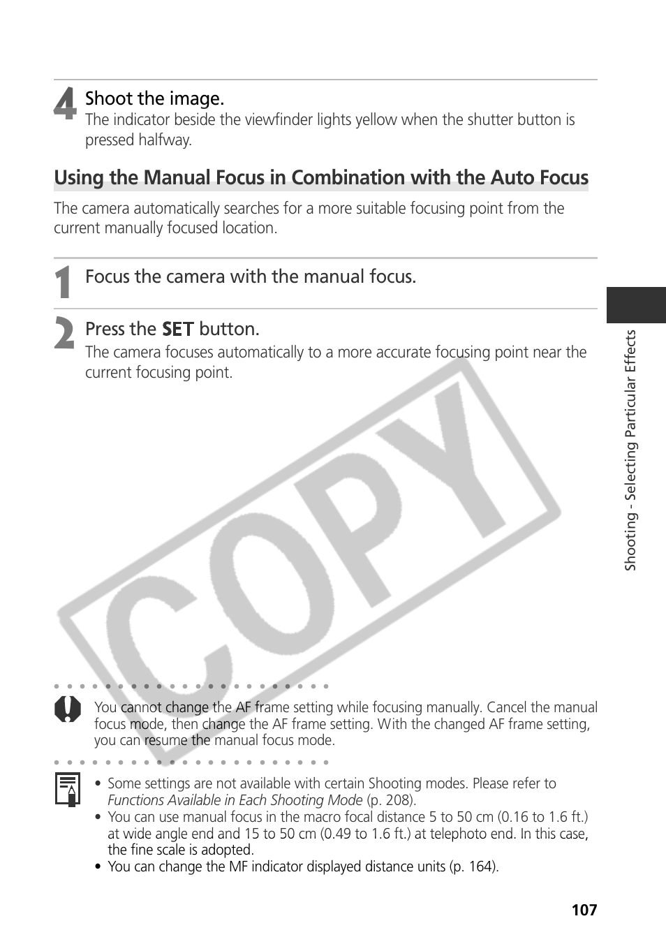 Shoot the image, Focus the camera with the manual focus, Press the button | Shooting - selecting par ticular ef fects | Canon CDI-E075-010 User Manual | Page 113 / 214