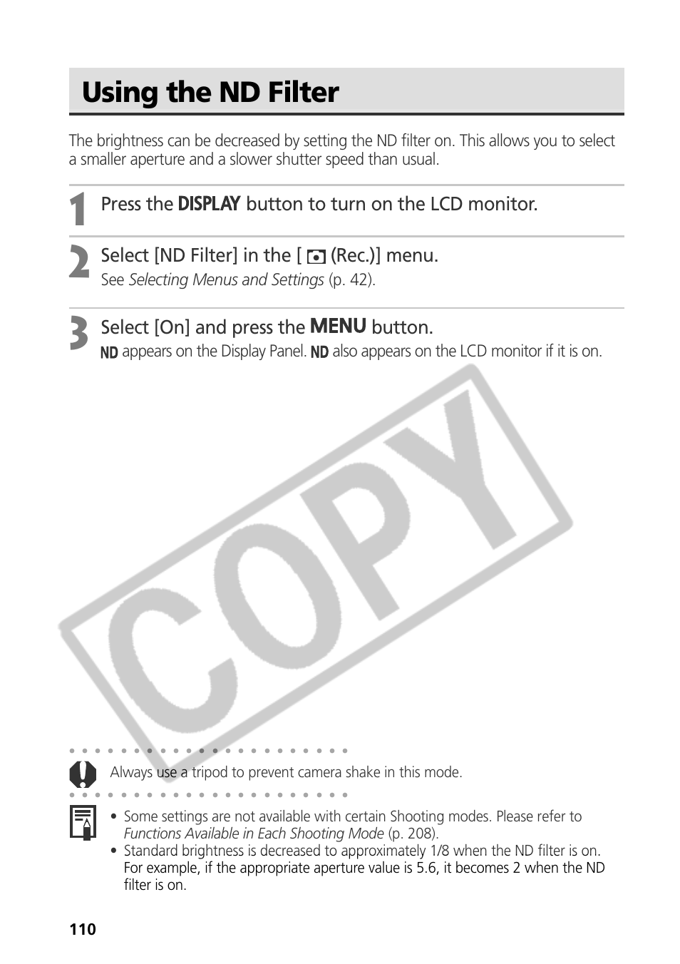 Using the nd filter, Press the button to turn on the lcd monitor, Select [nd filter] in the [ (rec.)] menu | Select [on] and press the button, See selecting menus and settings (p. 42) | Canon CDI-E075-010 User Manual | Page 116 / 214