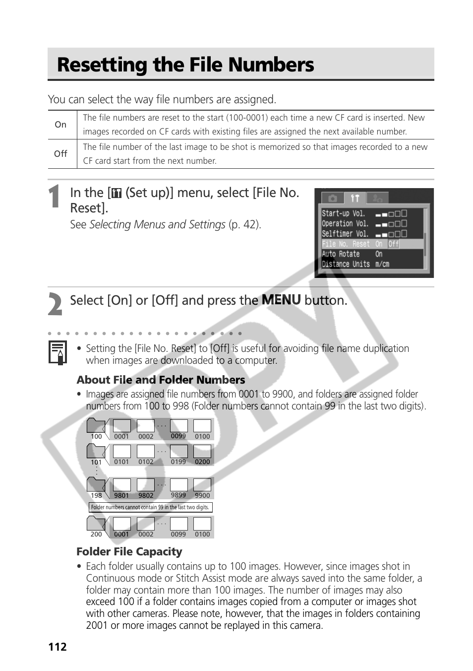 Resetting the file numbers, Select [on] or [off] and press the button, You can select the way file numbers are assigned | See selecting menus and settings (p. 42), About file and folder numbers, Folder file capacity | Canon CDI-E075-010 User Manual | Page 118 / 214