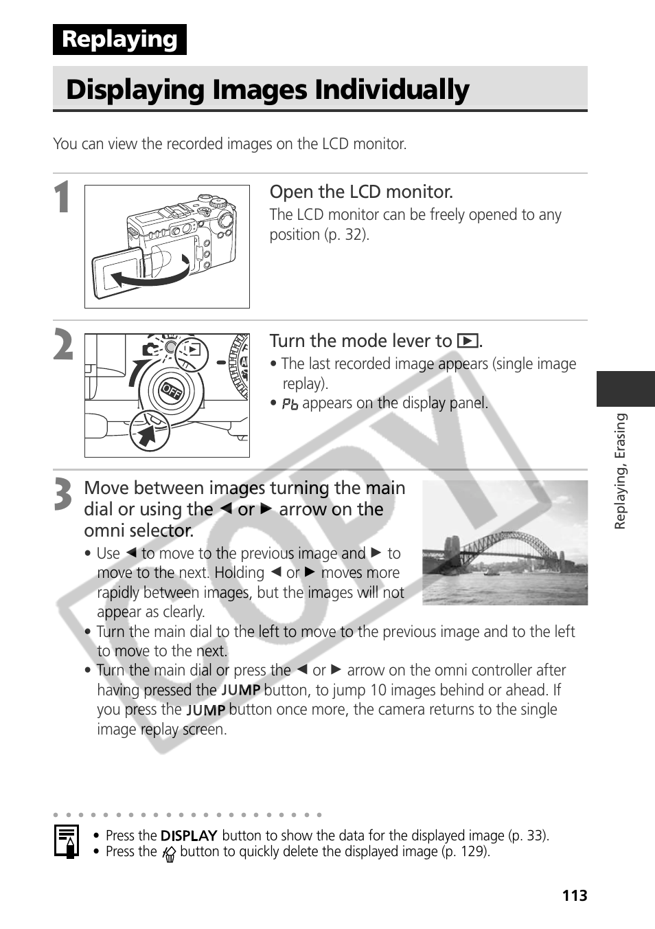 Displaying images individually, Replaying, Open the lcd monitor | Turn the mode lever to | Canon CDI-E075-010 User Manual | Page 119 / 214