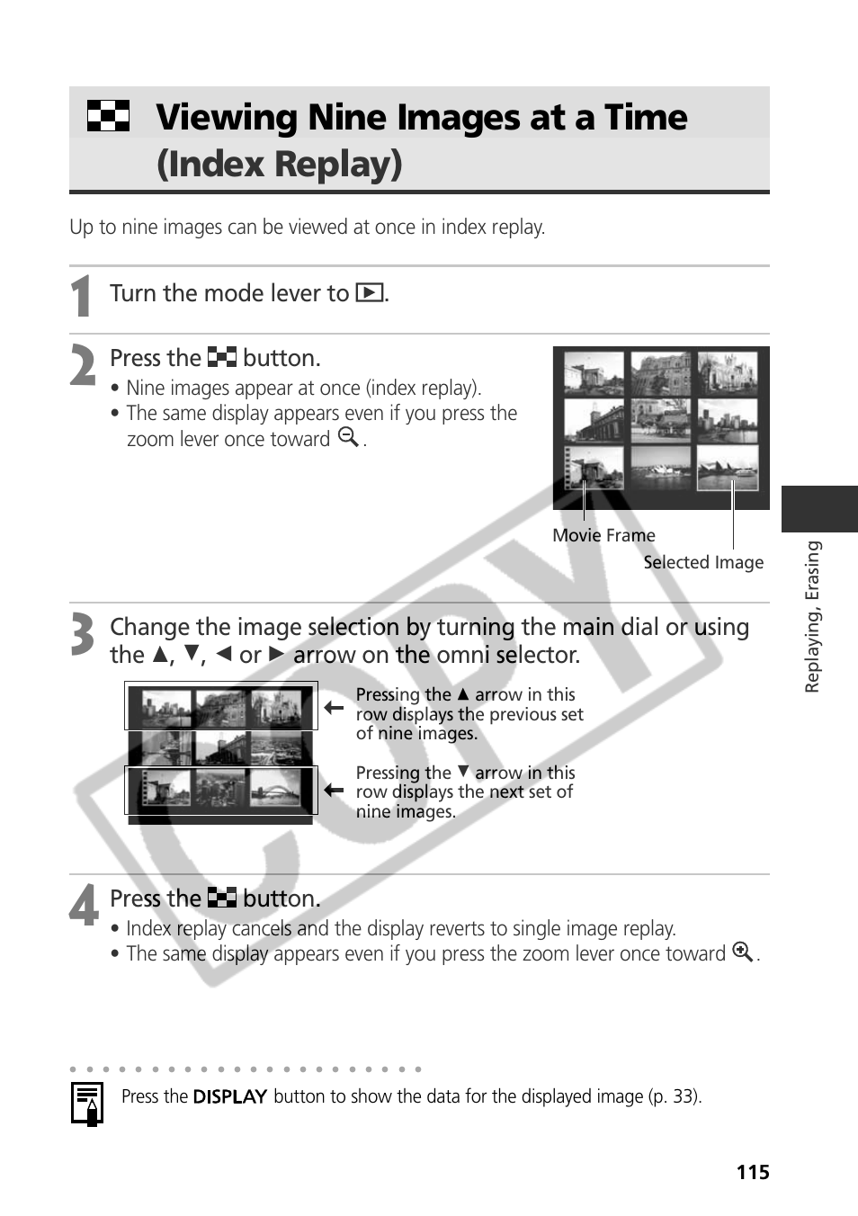 Viewing nine images at a time (index replay), Turn the mode lever to, Press the button | Canon CDI-E075-010 User Manual | Page 121 / 214