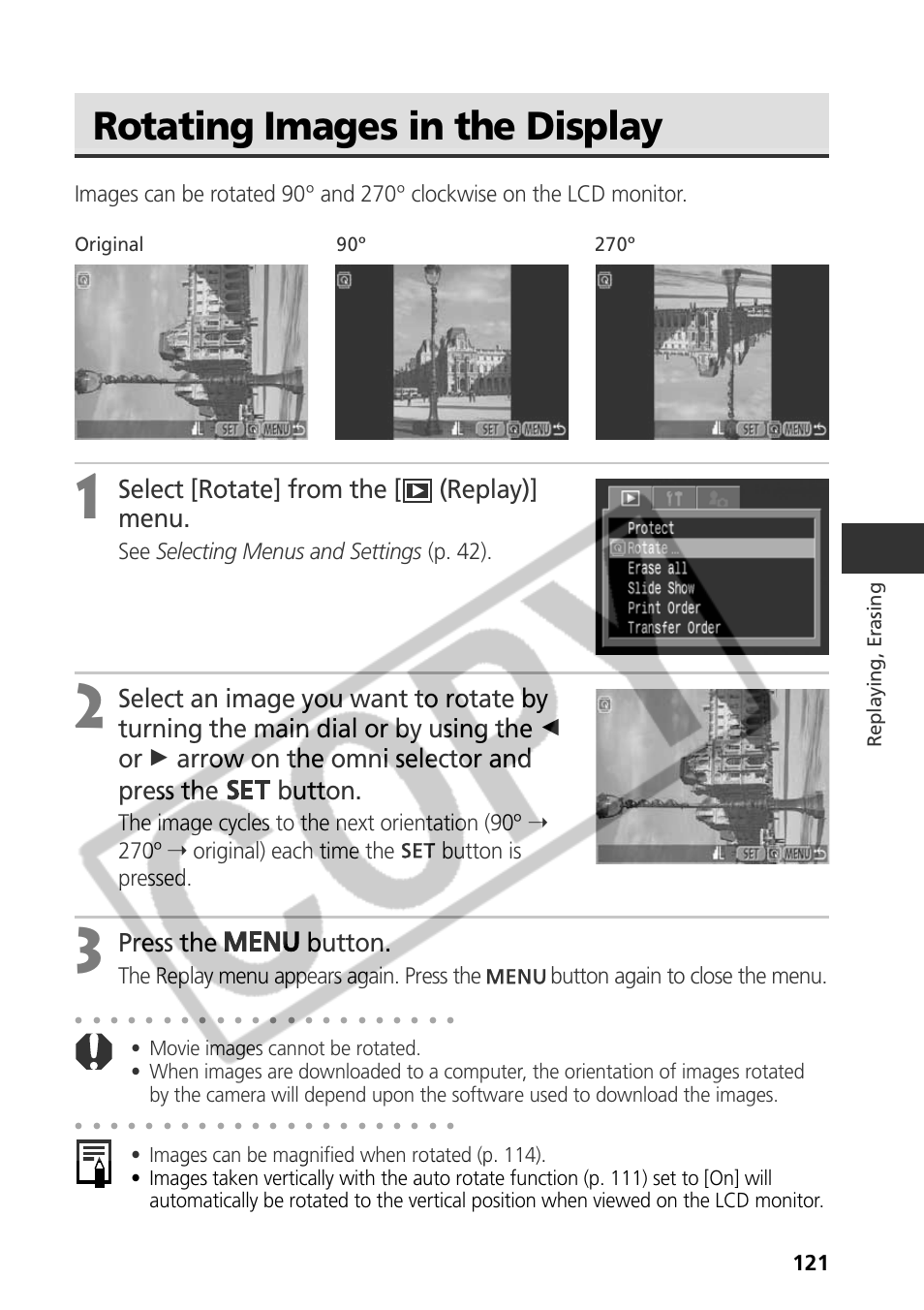 Rotating images in the display, Select [rotate] from the [ (replay)] menu, Press the button | See selecting menus and settings (p. 42), Replaying, erasing | Canon CDI-E075-010 User Manual | Page 127 / 214