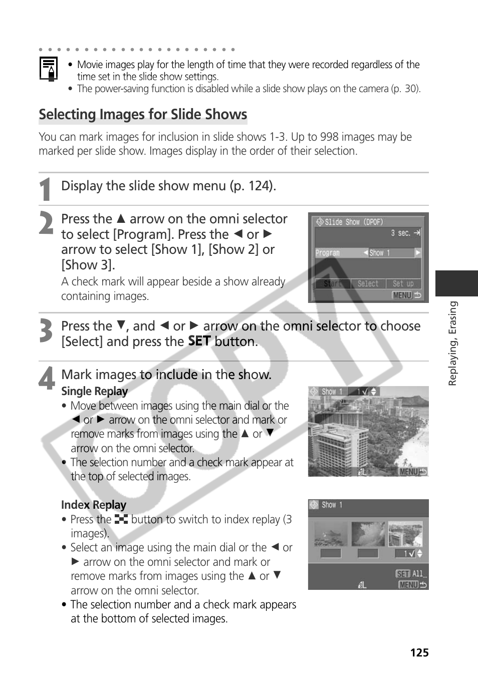 Selecting images for slide shows, Display the slide show menu (p. 124), Mark images to include in the show | Canon CDI-E075-010 User Manual | Page 131 / 214