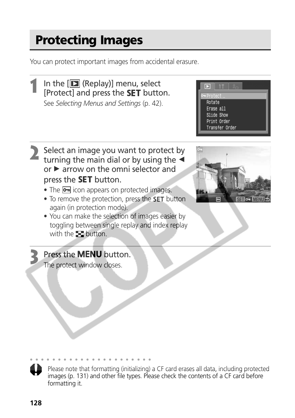 Protecting images, Press the button, See selecting menus and settings (p. 42) | The protect window closes | Canon CDI-E075-010 User Manual | Page 134 / 214