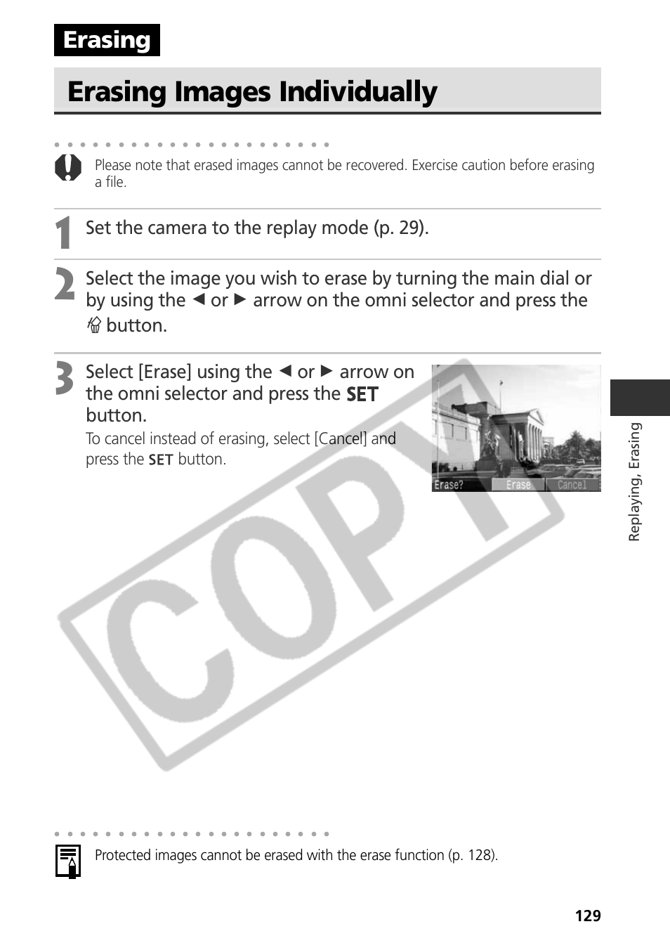 Erasing images individually, Erasing, Set the camera to the replay mode (p. 29) | Replaying, erasing | Canon CDI-E075-010 User Manual | Page 135 / 214