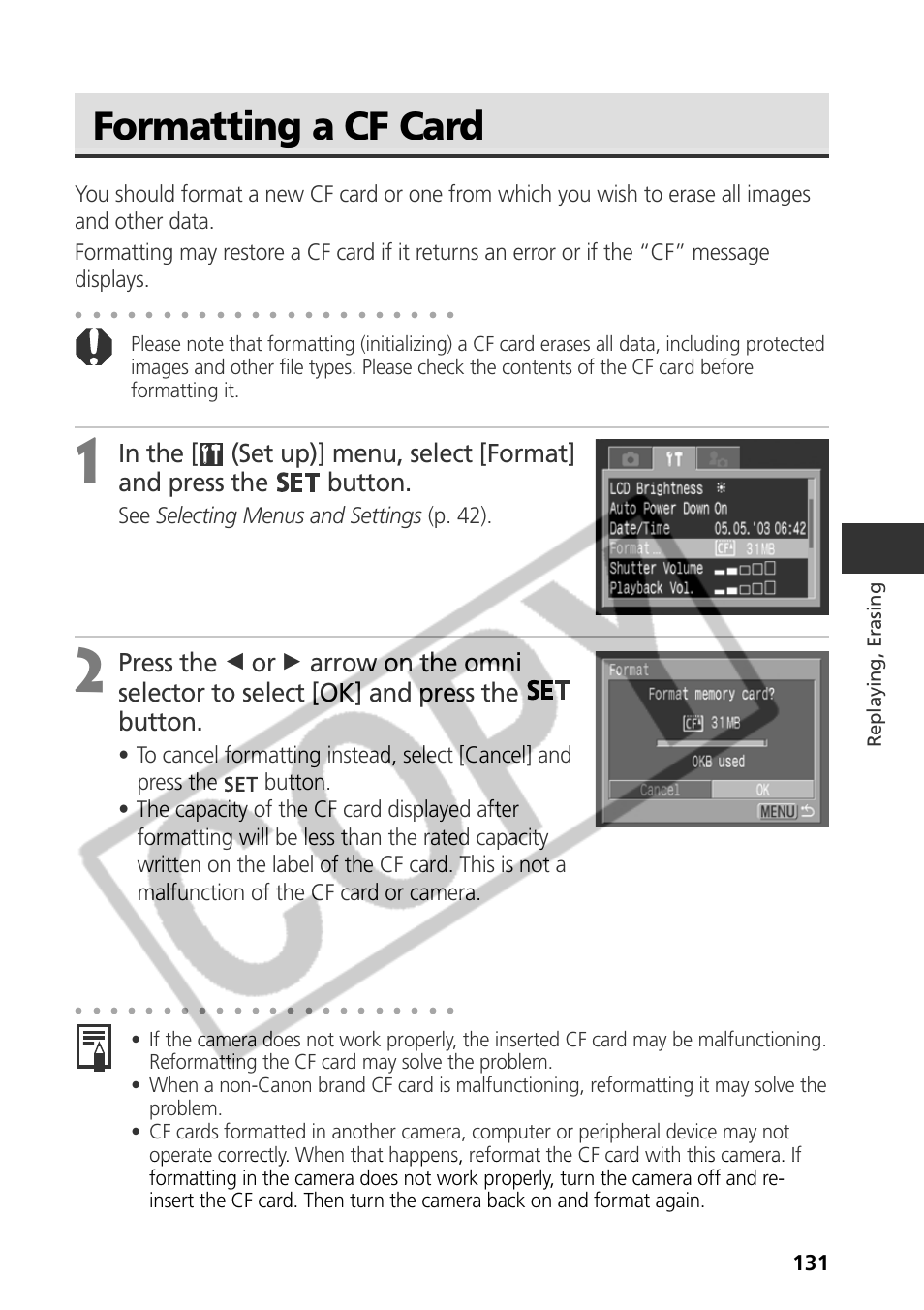 Formatting a cf card, See selecting menus and settings (p. 42), Replaying, erasing | Canon CDI-E075-010 User Manual | Page 137 / 214