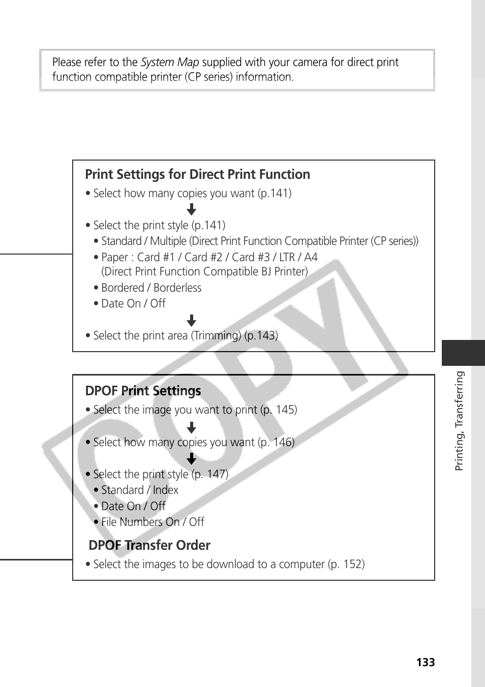 Print settings for direct print function, Dpof print settings, Dpof transfer order | Canon CDI-E075-010 User Manual | Page 139 / 214