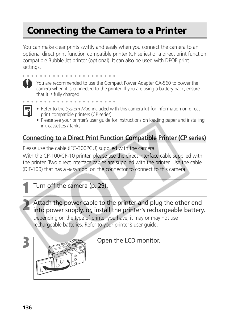 Connecting the camera to a printer, Turn off the camera (p. 29), Open the lcd monitor | Canon CDI-E075-010 User Manual | Page 142 / 214