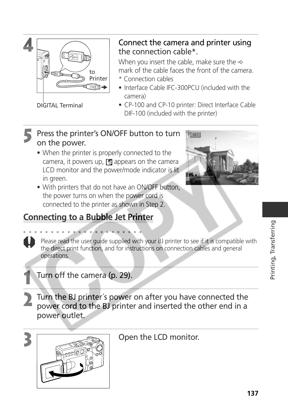 Connecting to a bubble jet printer, Turn off the camera (p. 29), Open the lcd monitor | Canon CDI-E075-010 User Manual | Page 143 / 214