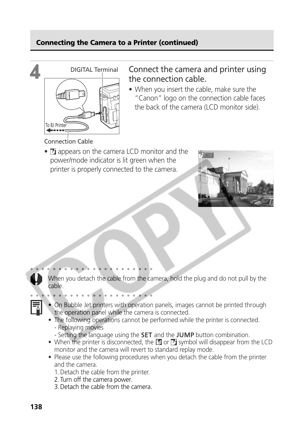 Connecting the camera to a printer (continued), Digital terminal, Connection cable | Canon CDI-E075-010 User Manual | Page 144 / 214