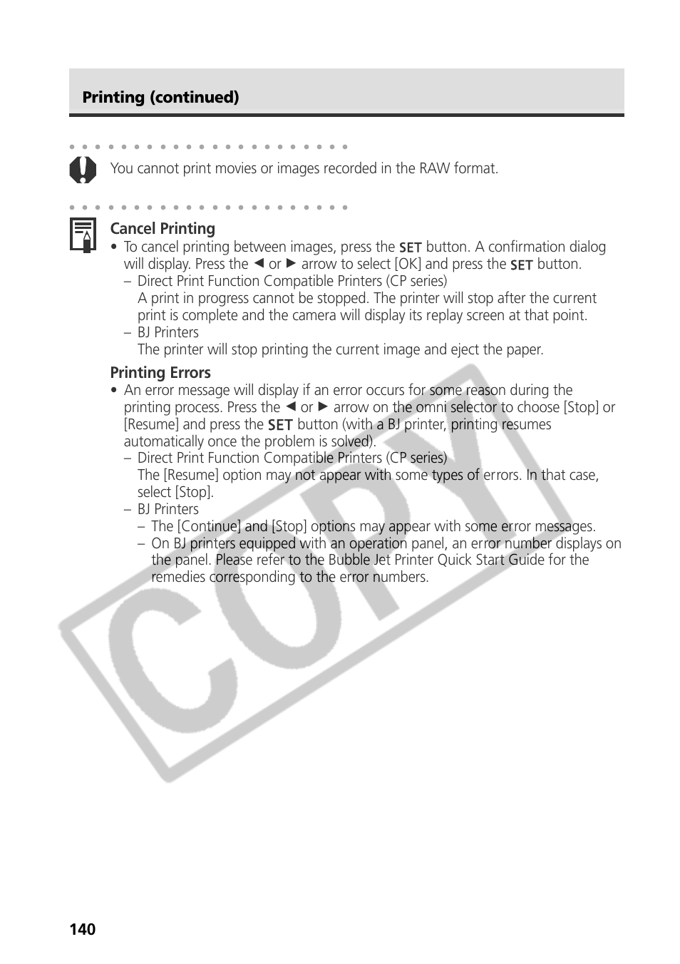 Cancel printing, Printing errors, Printing (continued) | Canon CDI-E075-010 User Manual | Page 146 / 214