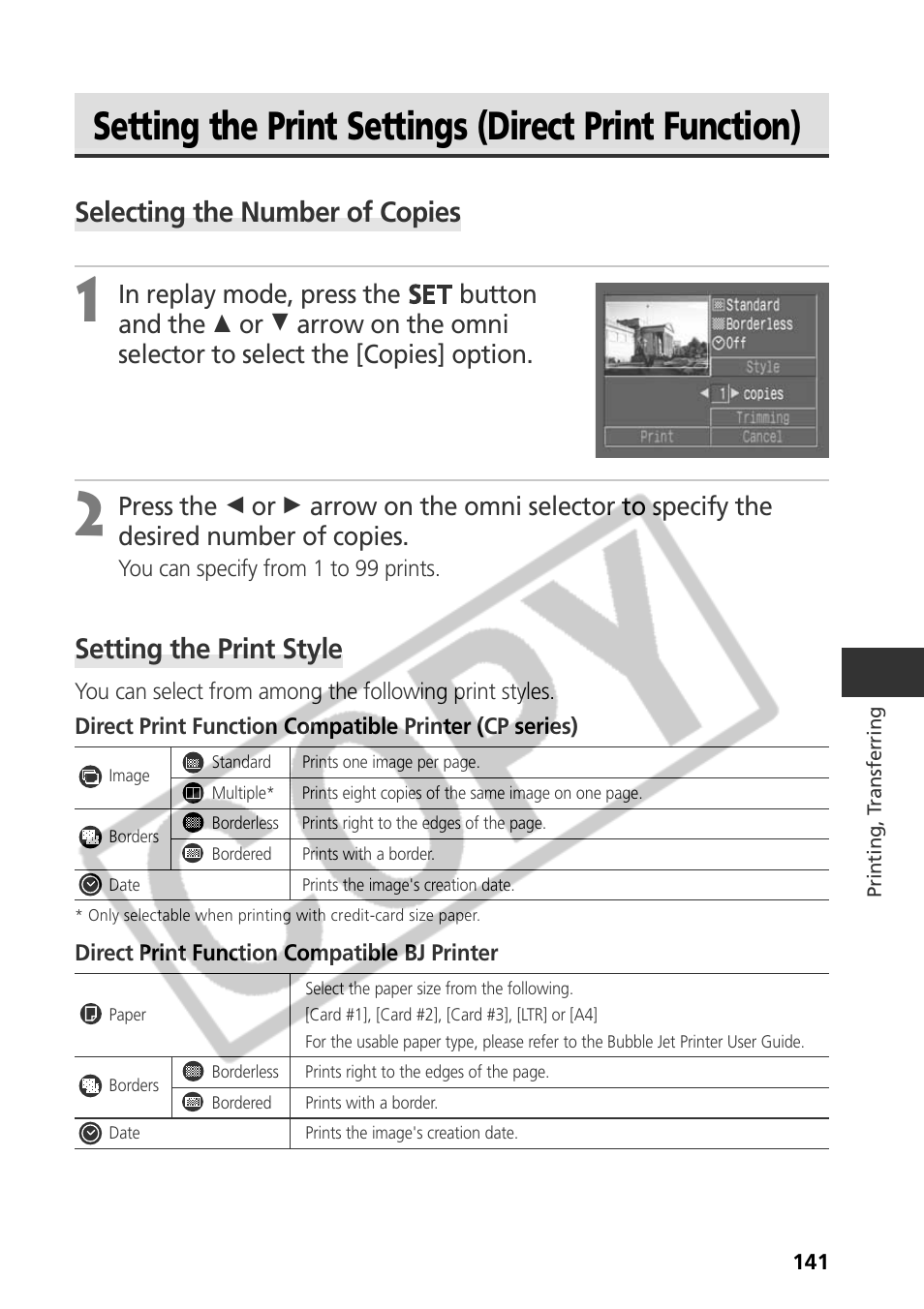 Setting the print settings (direct print function), Selecting the number of copies, Setting the print style | Canon CDI-E075-010 User Manual | Page 147 / 214