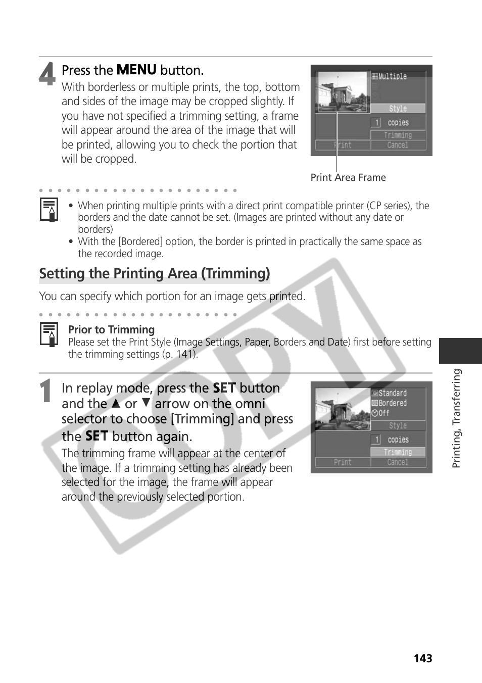 Setting the printing area (trimming), Press the button, Prior to trimming | Printing, t ransferring, Print area frame | Canon CDI-E075-010 User Manual | Page 149 / 214