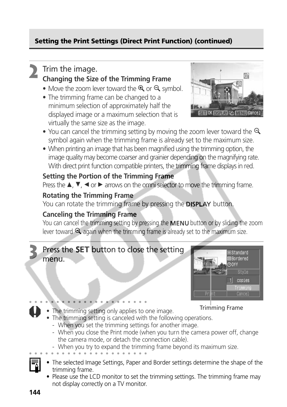 Trim the image, Press the button to close the setting menu, Trimming frame | Canon CDI-E075-010 User Manual | Page 150 / 214