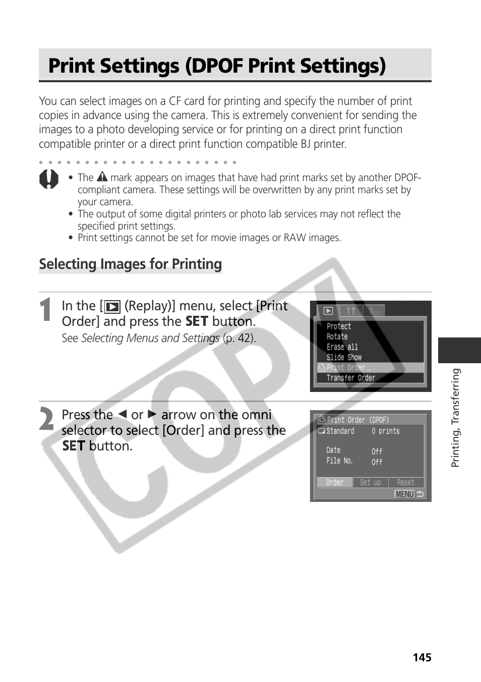 Print settings (dpof print settings), Selecting images for printing, See selecting menus and settings (p. 42) | Canon CDI-E075-010 User Manual | Page 151 / 214