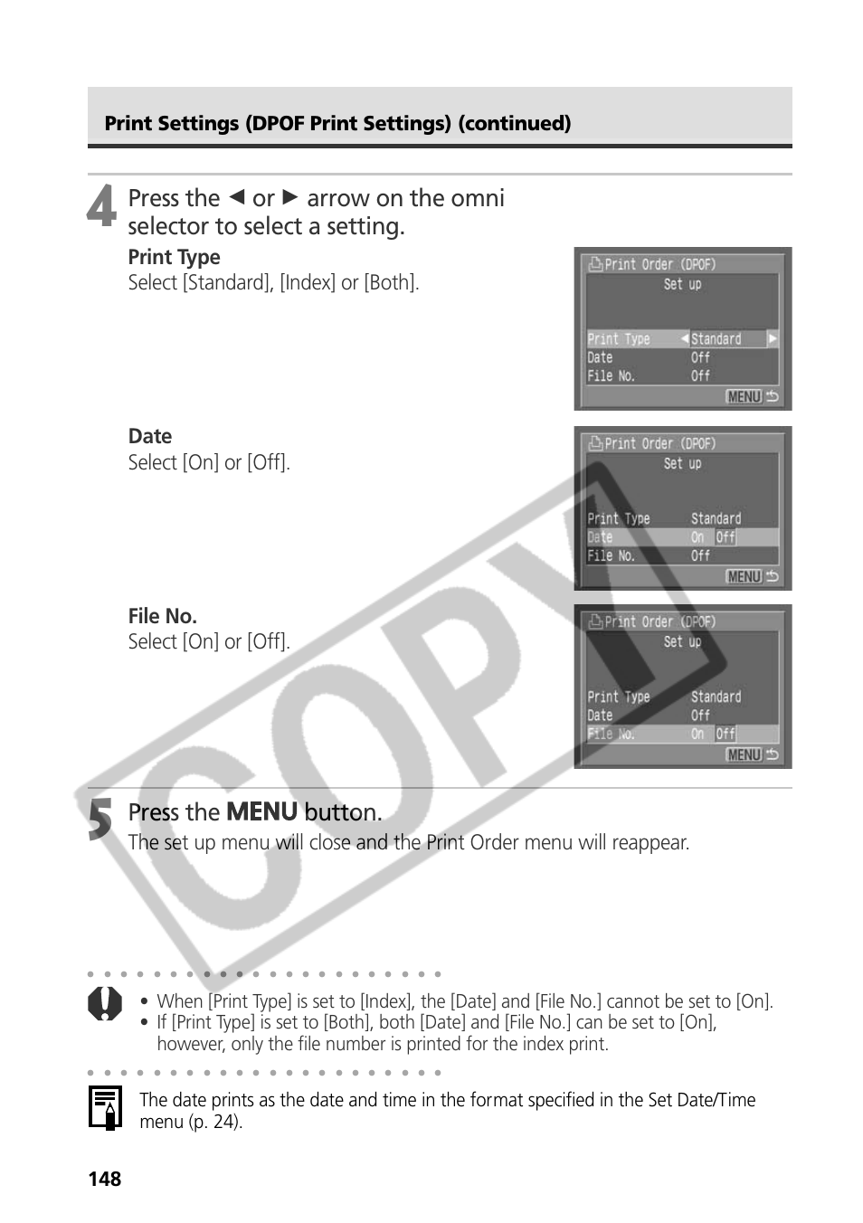 Press the button, Print settings (dpof print settings) (continued) | Canon CDI-E075-010 User Manual | Page 154 / 214