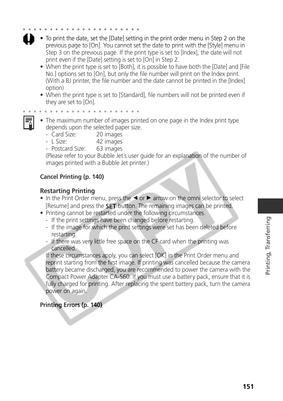 Restarting printing, Printing, t ransferring | Canon CDI-E075-010 User Manual | Page 157 / 214