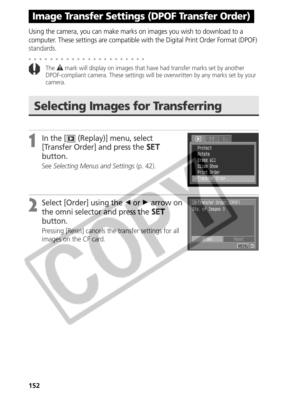 Selecting images for transferring, Image transfer settings (dpof transfer order), See selecting menus and settings (p. 42) | Canon CDI-E075-010 User Manual | Page 158 / 214