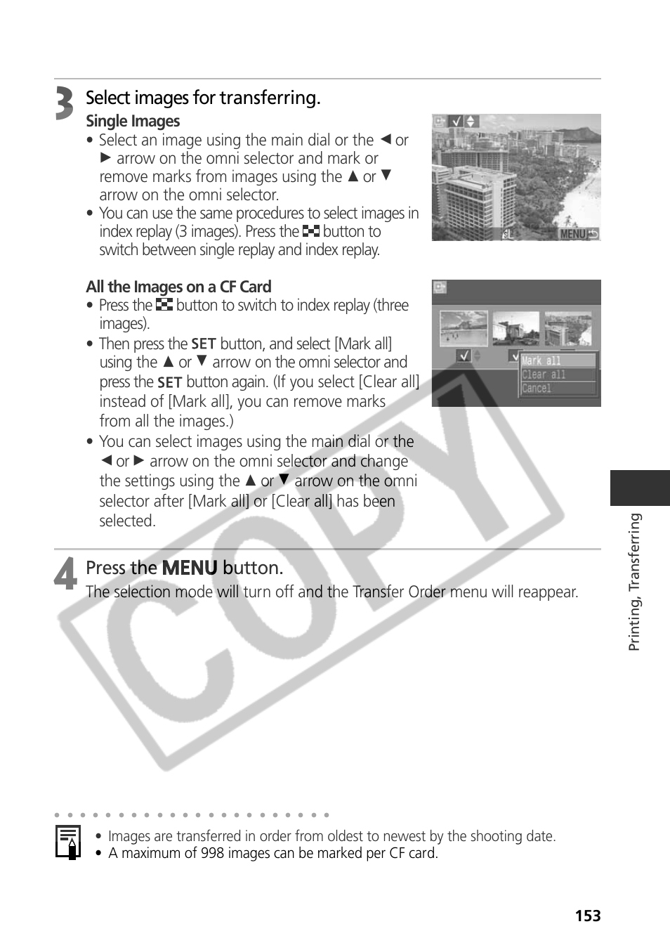 Select images for transferring, Press the button | Canon CDI-E075-010 User Manual | Page 159 / 214