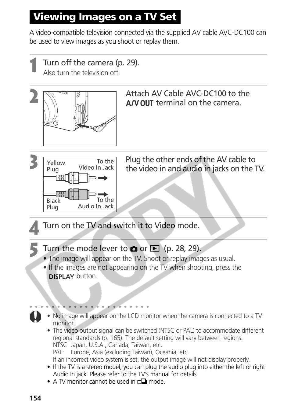 Viewing images on a tv set, Turn off the camera (p. 29), Turn on the tv and switch it to video mode | Turn the mode lever to or (p. 28, 29) | Canon CDI-E075-010 User Manual | Page 160 / 214