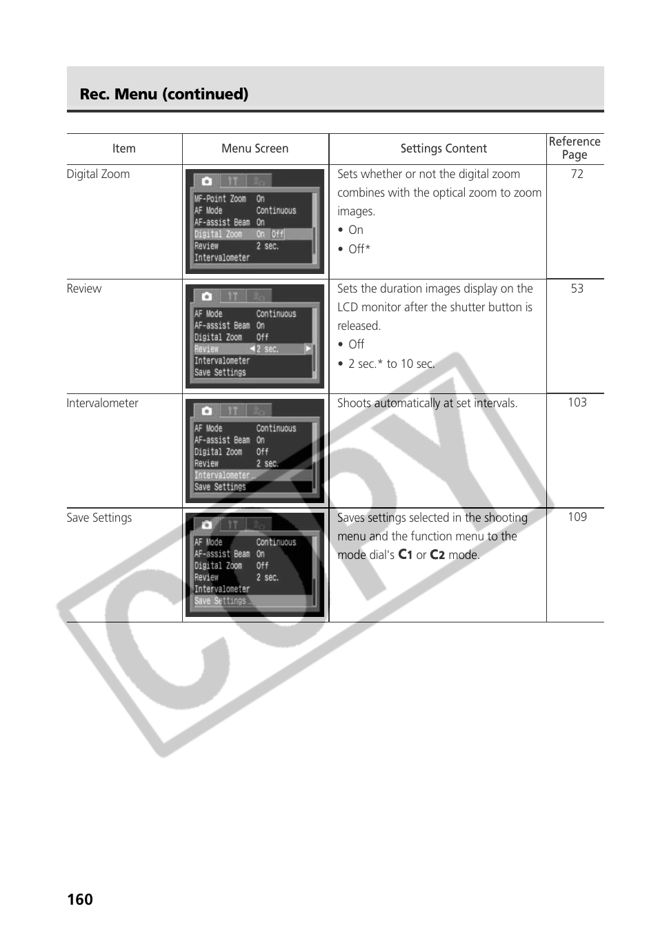 Rec. menu (continued) | Canon CDI-E075-010 User Manual | Page 166 / 214