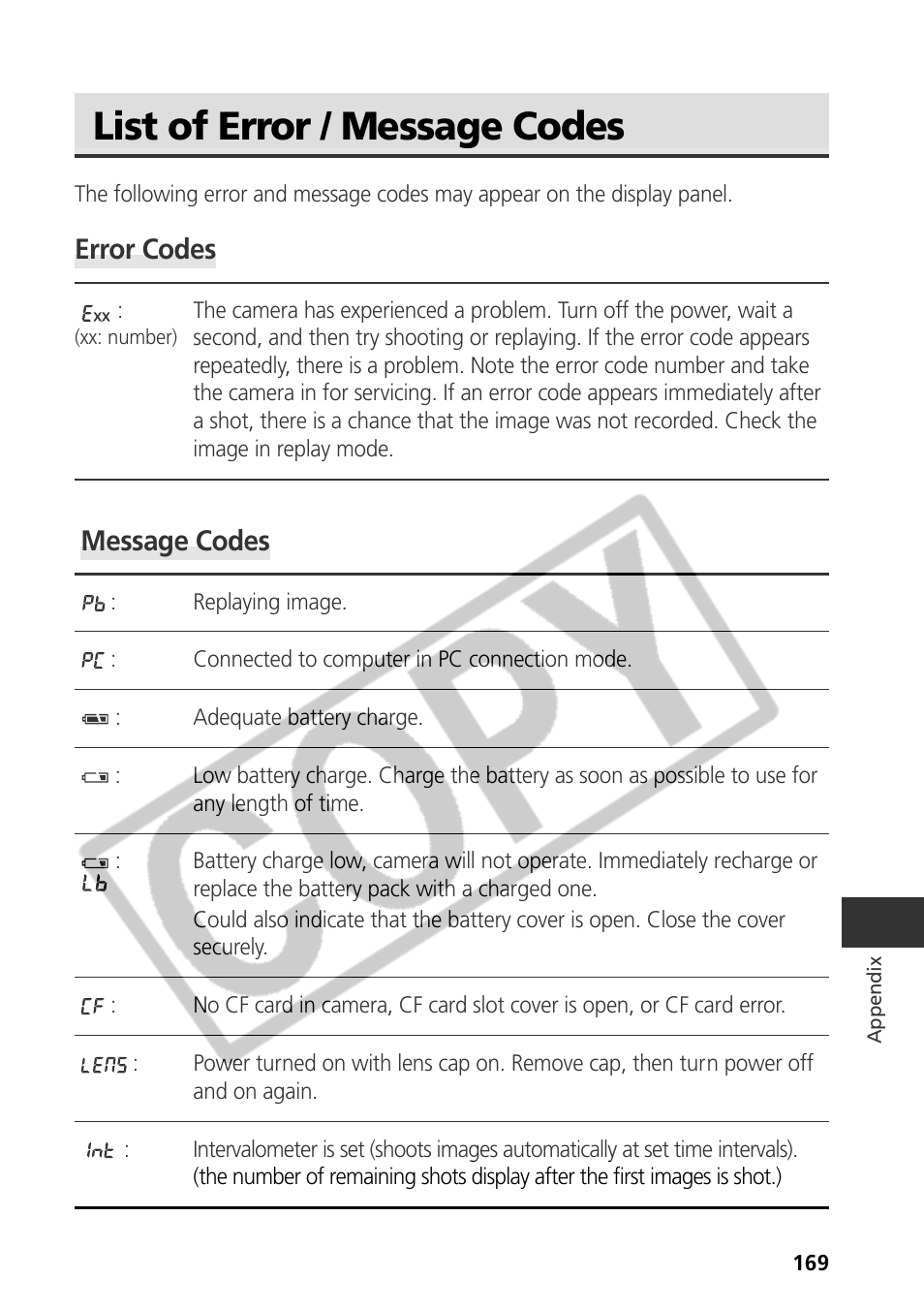 List of error / message codes, Error codes, Message codes | Canon CDI-E075-010 User Manual | Page 175 / 214