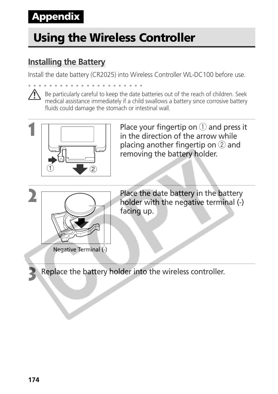 Using the wireless controller, Appendix, Installing the battery | Canon CDI-E075-010 User Manual | Page 180 / 214