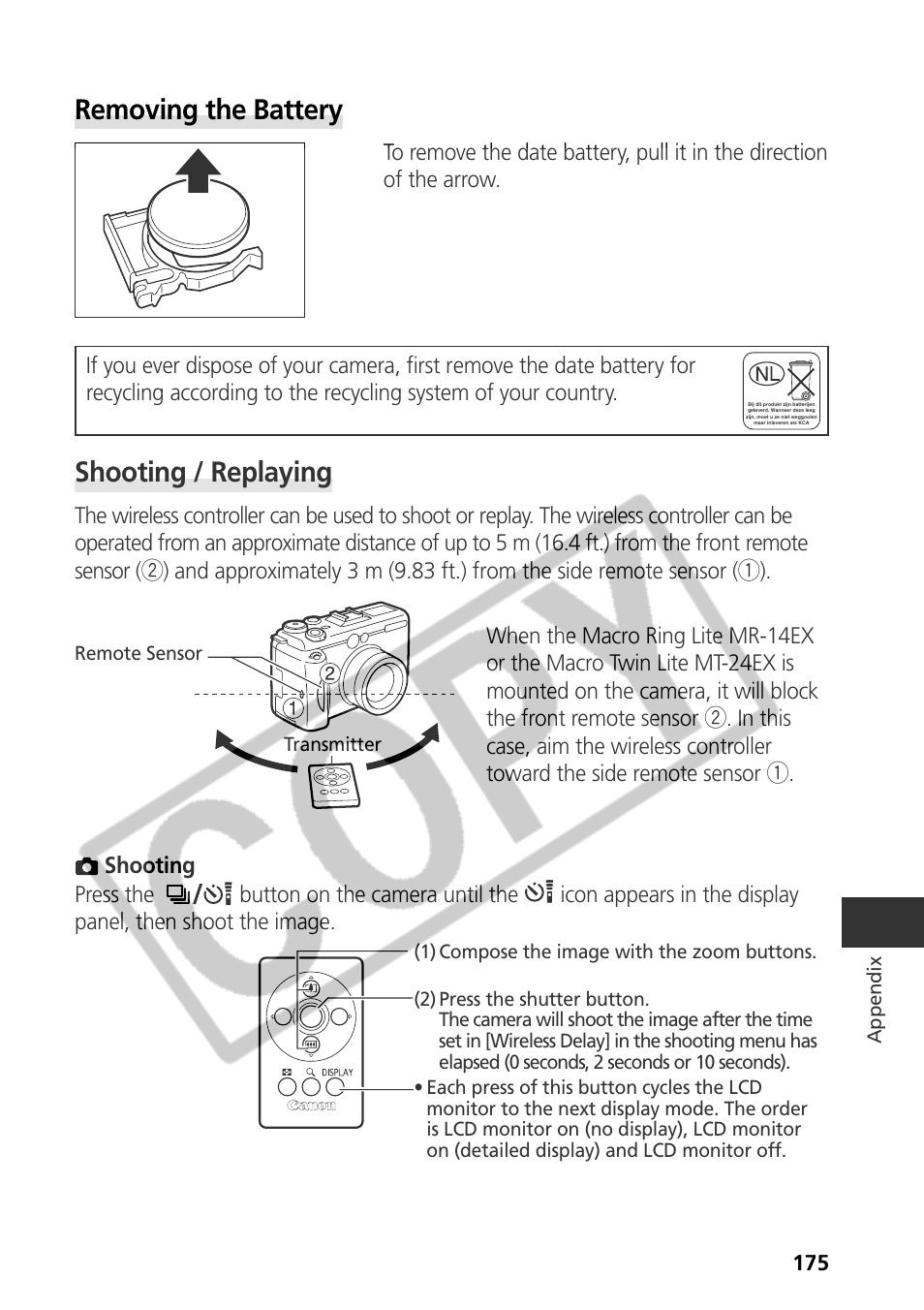 Removing the battery, Shooting / replaying | Canon CDI-E075-010 User Manual | Page 181 / 214