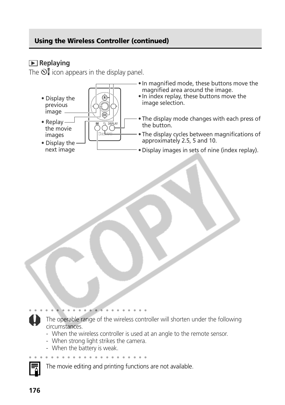 Replaying the icon appears in the display panel, Using the wireless controller (continued) | Canon CDI-E075-010 User Manual | Page 182 / 214