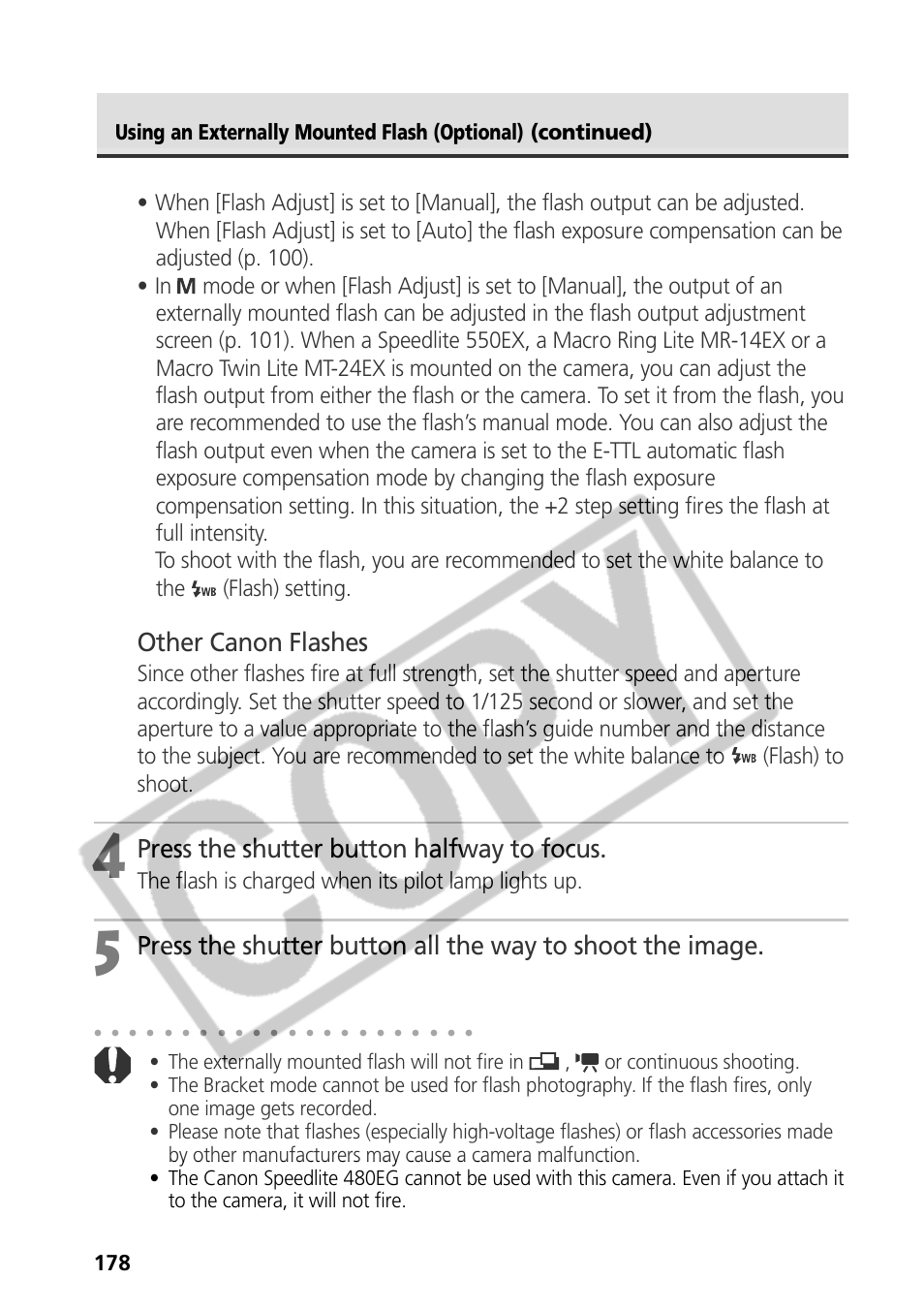 Other canon flashes, Press the shutter button halfway to focus, The flash is charged when its pilot lamp lights up | Canon CDI-E075-010 User Manual | Page 184 / 214