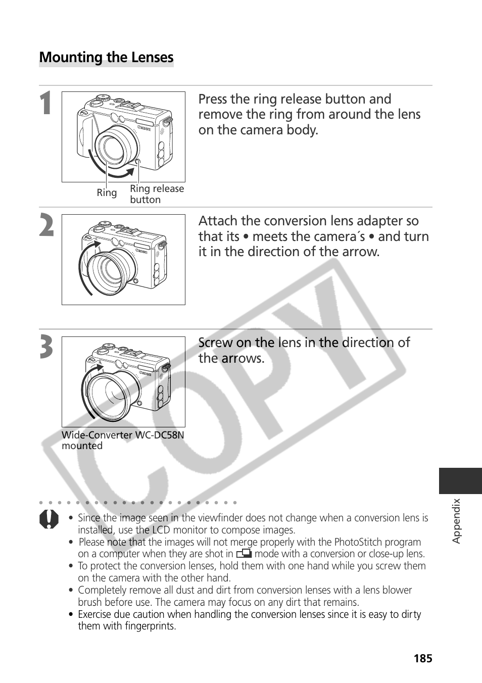 Mounting the lenses, Screw on the lens in the direction of the arrows | Canon CDI-E075-010 User Manual | Page 191 / 214