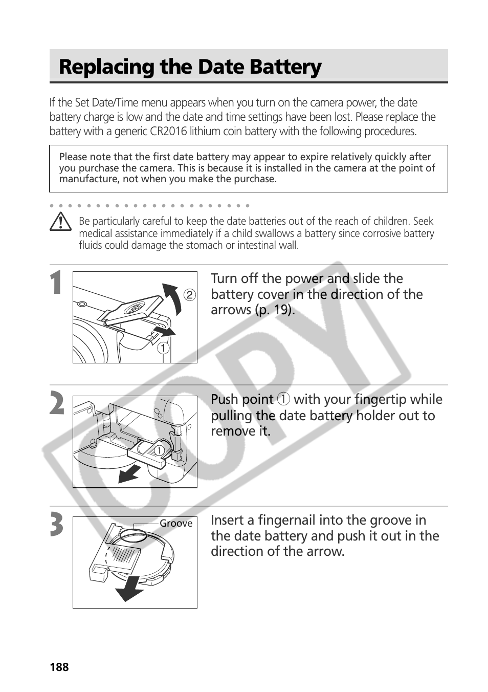 Replacing the date battery | Canon CDI-E075-010 User Manual | Page 194 / 214