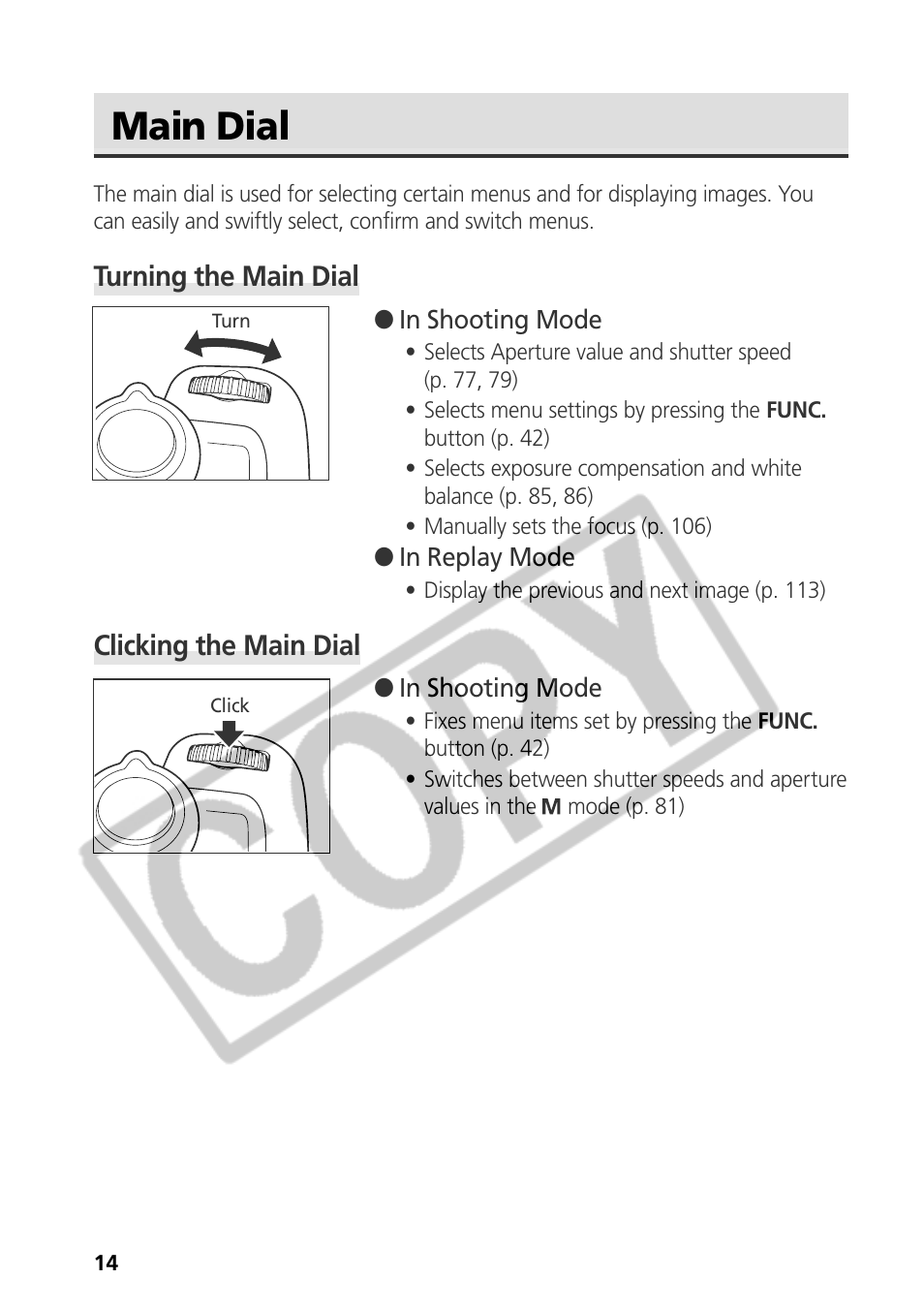 Main dial, Turning the main dial, Clicking the main dial | Canon CDI-E075-010 User Manual | Page 20 / 214