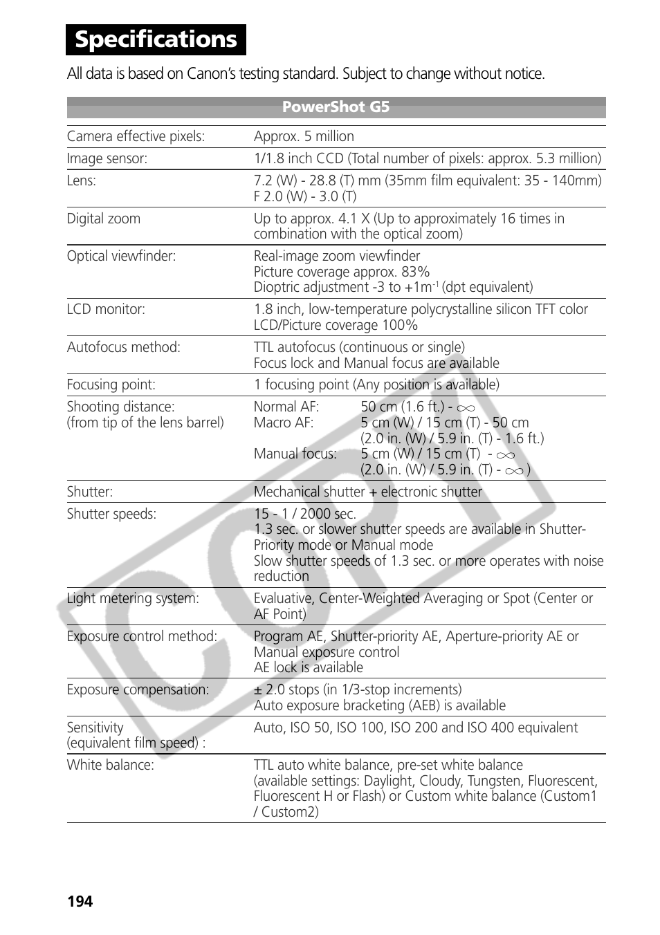 Specifications | Canon CDI-E075-010 User Manual | Page 200 / 214