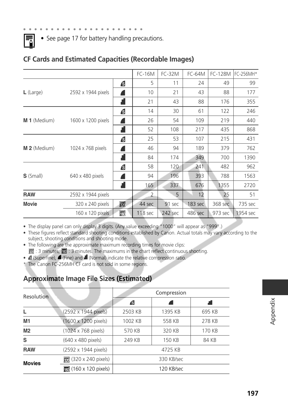 Approximate image file sizes (estimated), See page 17 for battery handling precautions, Appendix | Canon CDI-E075-010 User Manual | Page 203 / 214