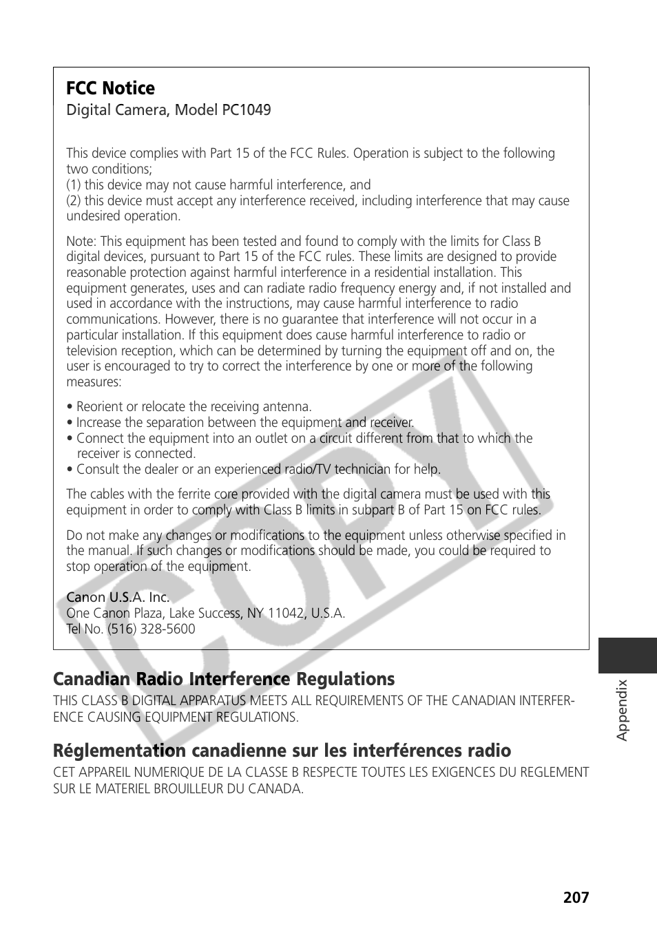 Fcc notice, Canadian radio interference regulations | Canon CDI-E075-010 User Manual | Page 213 / 214