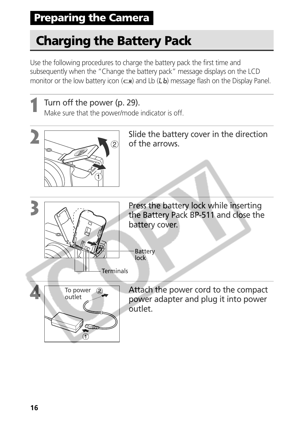 Charging the battery pack | Canon CDI-E075-010 User Manual | Page 22 / 214