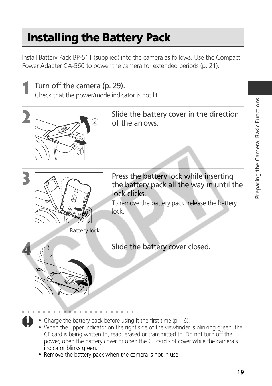 Installing the battery pack, Turn off the camera (p. 29), Slide the battery cover closed | Check that the power/mode indicator is not lit | Canon CDI-E075-010 User Manual | Page 25 / 214