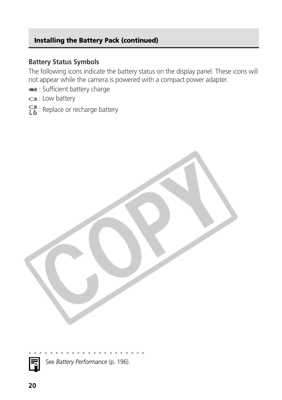 Installing the battery pack (continued), See battery performance (p. 196) | Canon CDI-E075-010 User Manual | Page 26 / 214